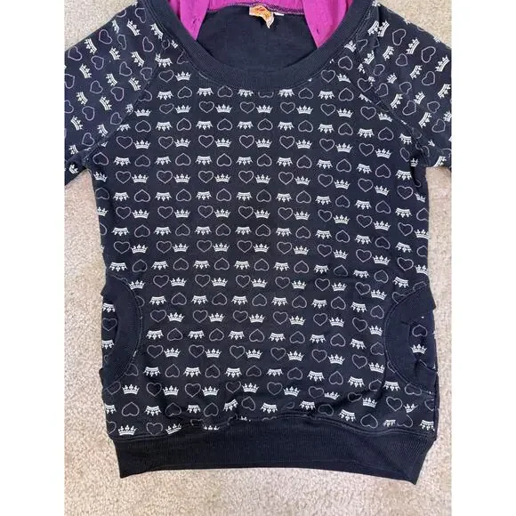 Big Flirt Y2K Black Pink Heart Crown Print Full Zip Hoodie Sweatshirt SZ S E259 - Picture 2 of 12